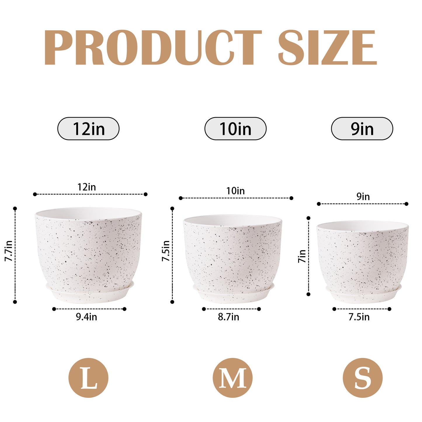 Jardinière en plastique Gardrium, pot de fleurs pour intérieur et extérieur, 12/10/9 pouces, lot de 3, blanc moucheté