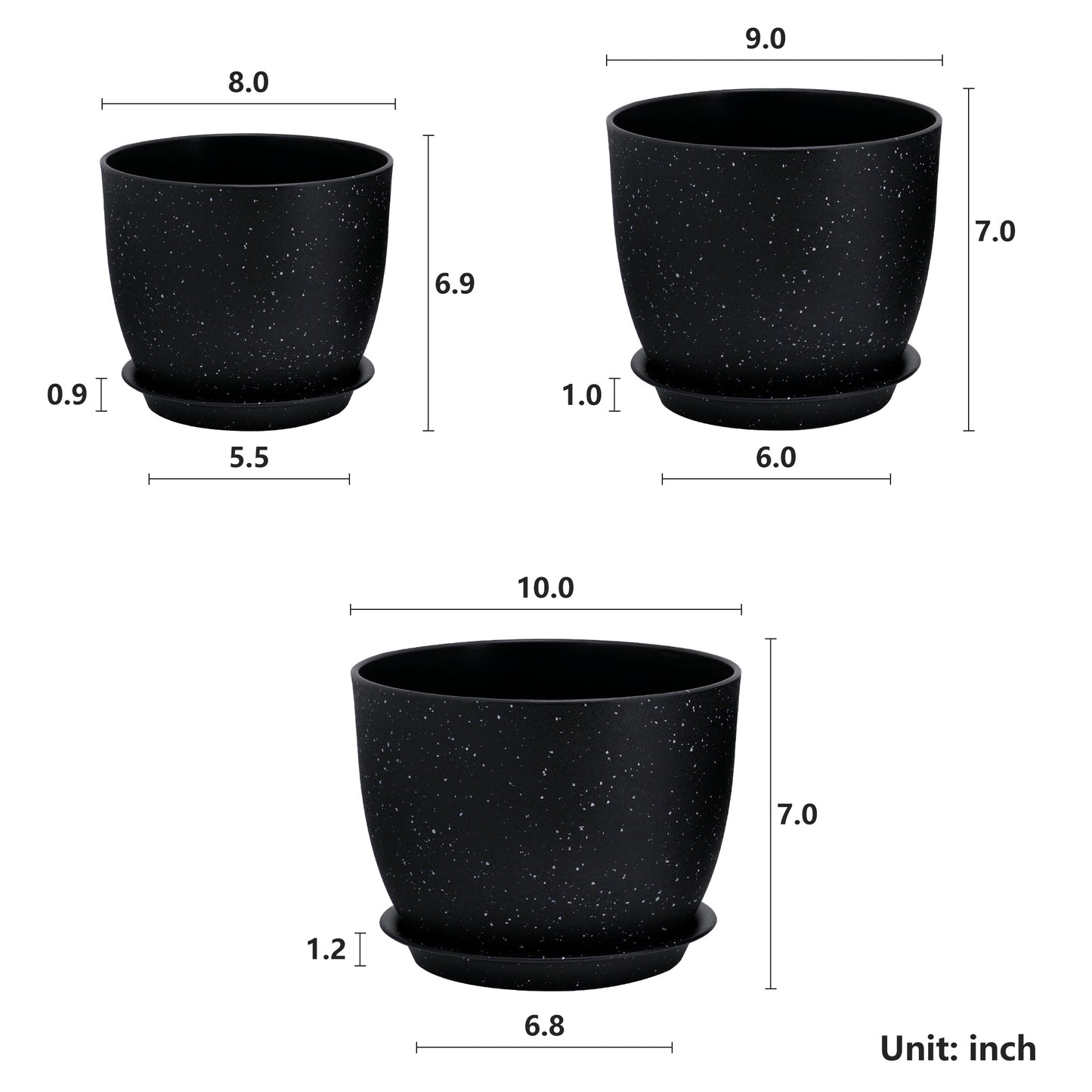 Lot de 3 Pots 25,4/22,9/20,3 cm de Fleurs en Plastique Plantes, Noir moucheté