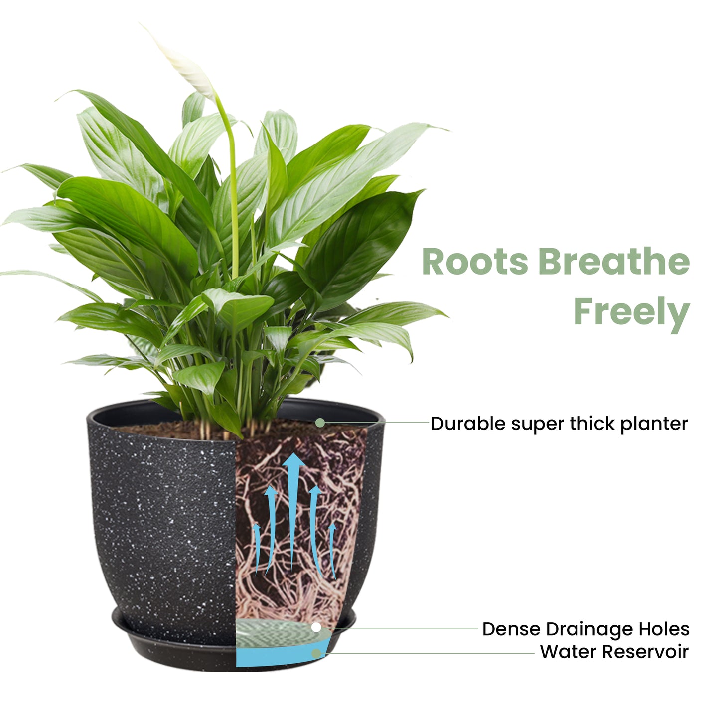 Lot de 3 Pots 25,4/22,9/20,3 cm de Fleurs en Plastique Plantes, Noir moucheté