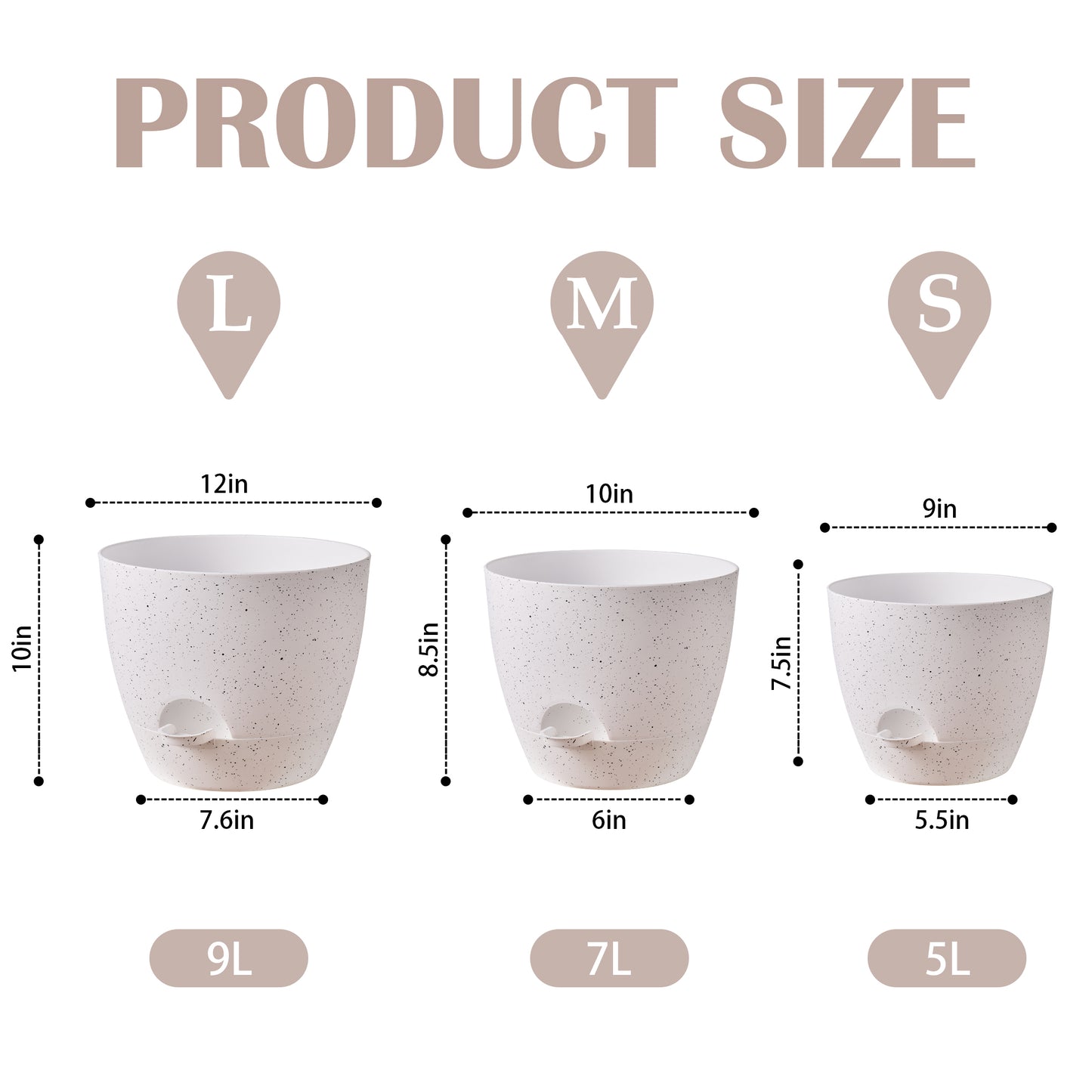 Self-watering Plant Pot, Plastic Planters - Set of three 12 / 10 / 9 inches, Speckled White