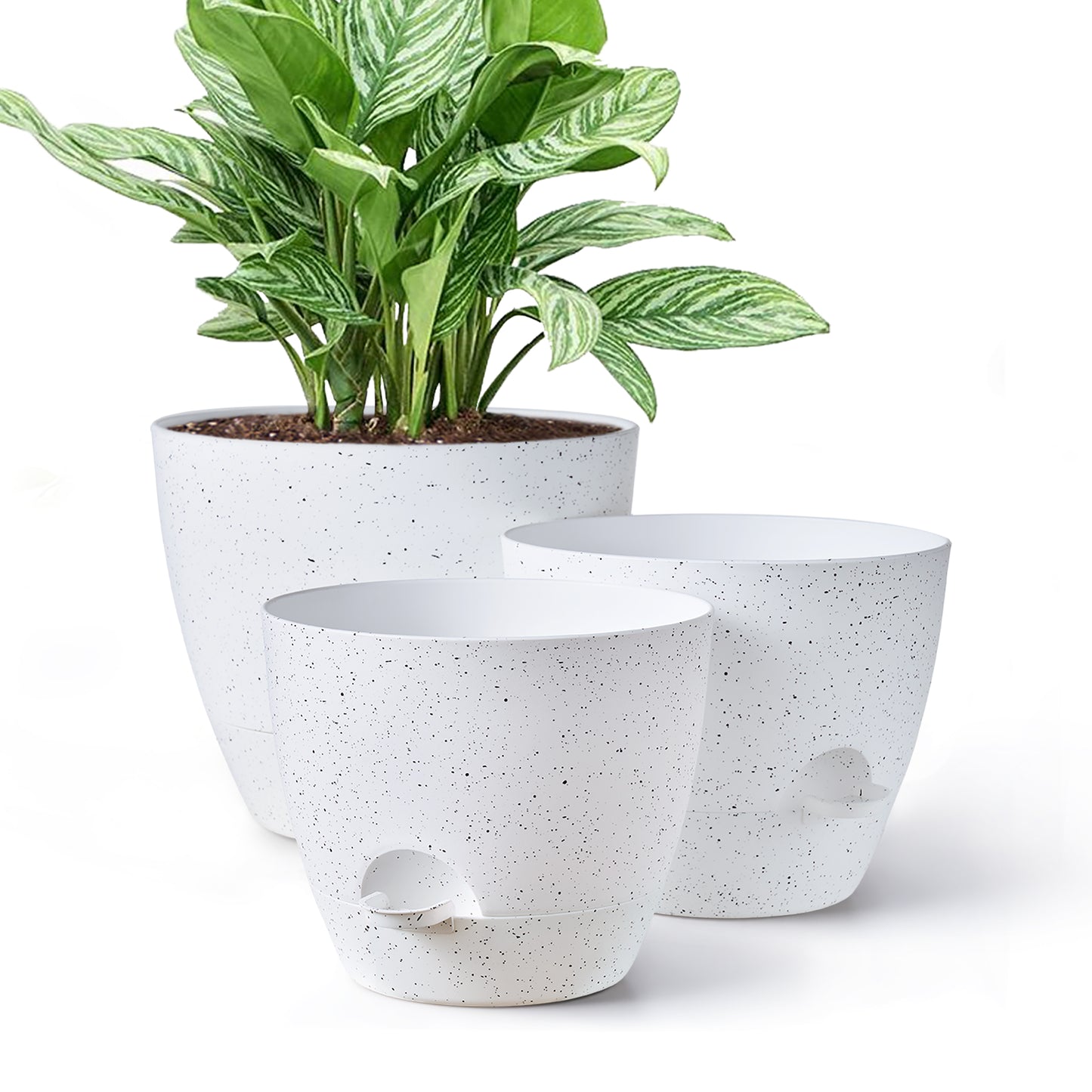 Self-watering Plant Pot, Plastic Planters - Set of three 12 / 10 / 9 inches, Speckled White