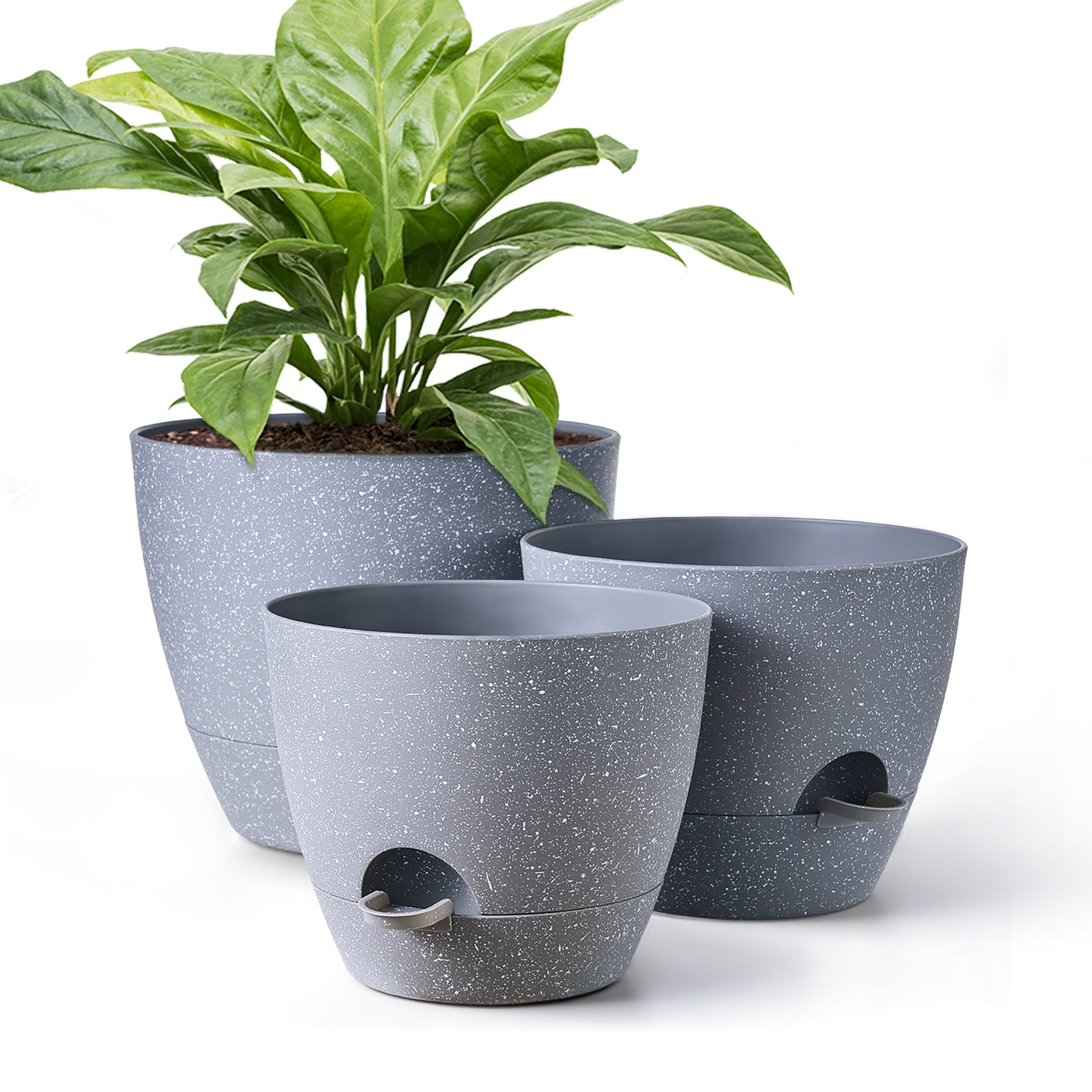 Self-watering Plant Pot, Plastic Planters - Set of three 12 / 10 / 9 Inches, Speckled Gray