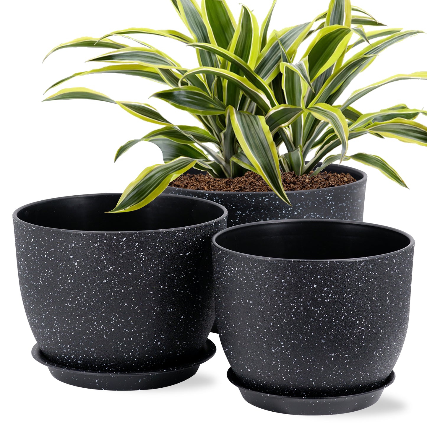 Gardrium Plastic Planter, Plant Pot for Indoor Outdoor, 10 / 9 / 8 inch Set of 3,Speckled Black