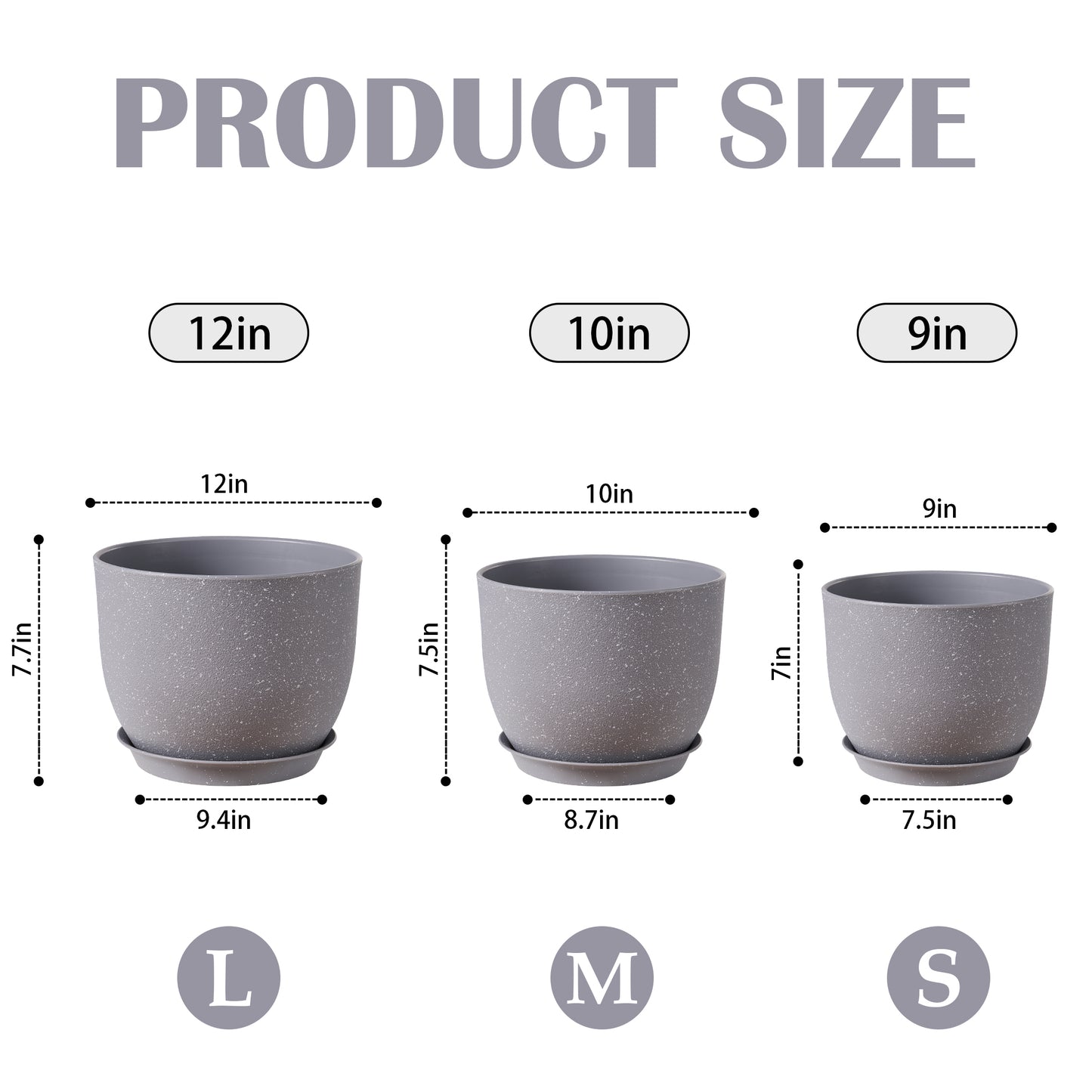 Gardrium Plastic Planter, Plant Pot for Indoor Outdoor, 12/10/9 inch Set of 3, Speckled Cement Gray