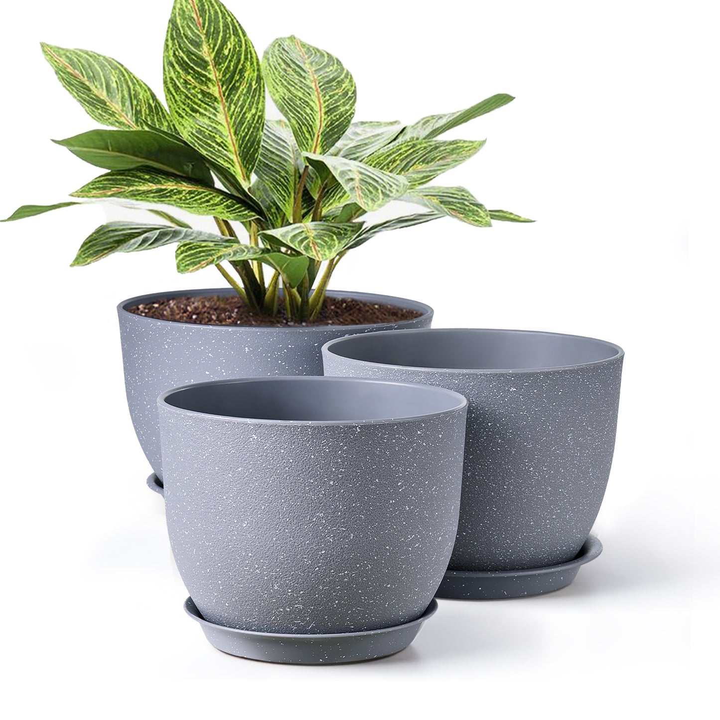 Gardrium Plastic Planter, Plant Pot for Indoor Outdoor, 12/10/9 inch Set of 3, Speckled Cement Gray