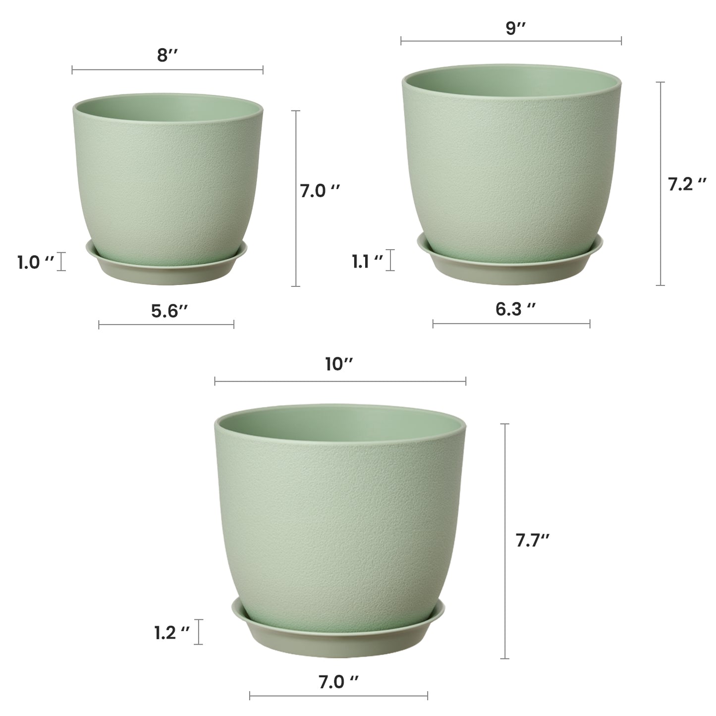 Kunststoff Blumentopf Pflanzentopfs mit Untersetzer (25,4-22,9-20,3 cm) 3er-Set,Grün