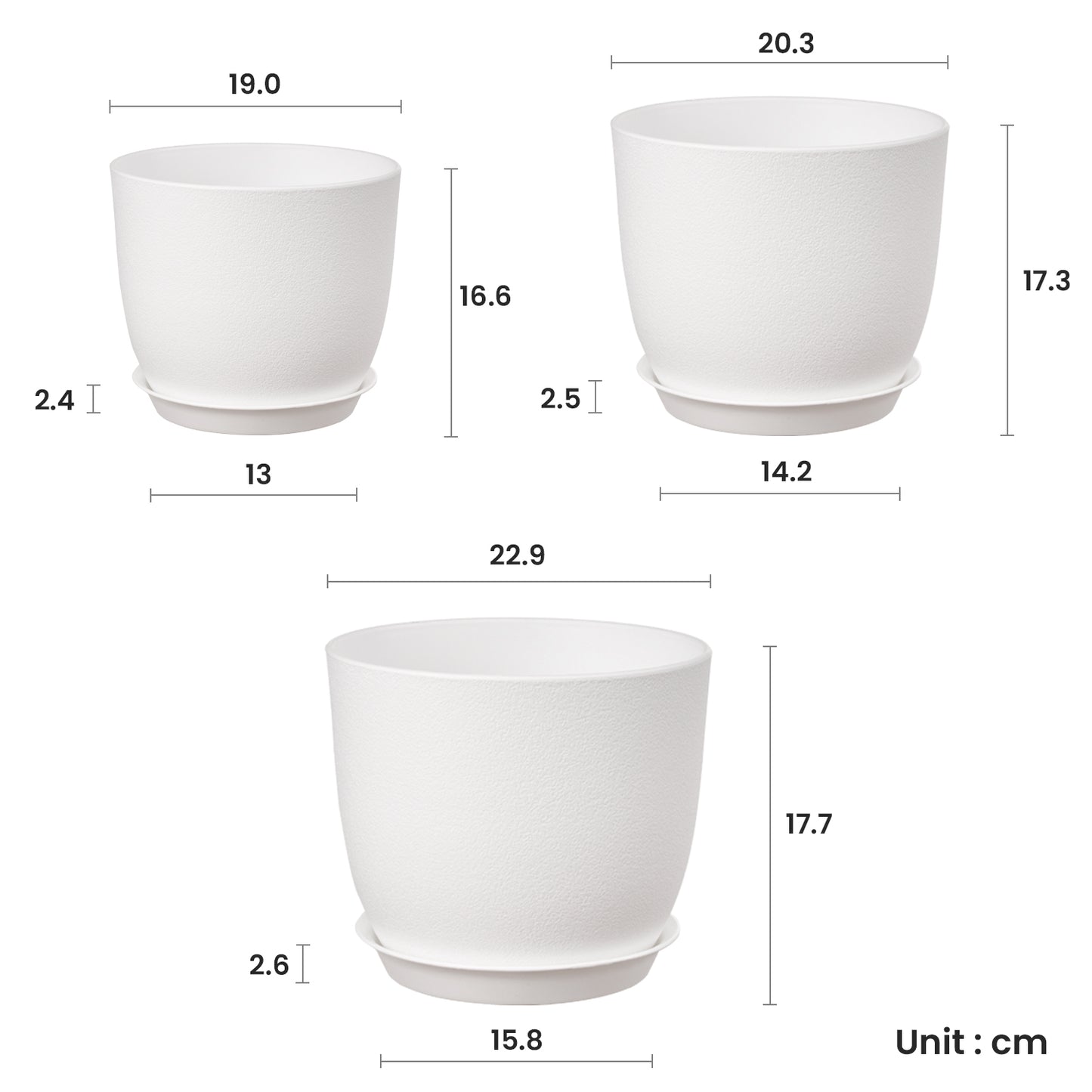 Kunststoff Blumentopf Pflanzentopfs mit Untersetzer (22,9-20,3-19 cm) 3er-Set,weiß