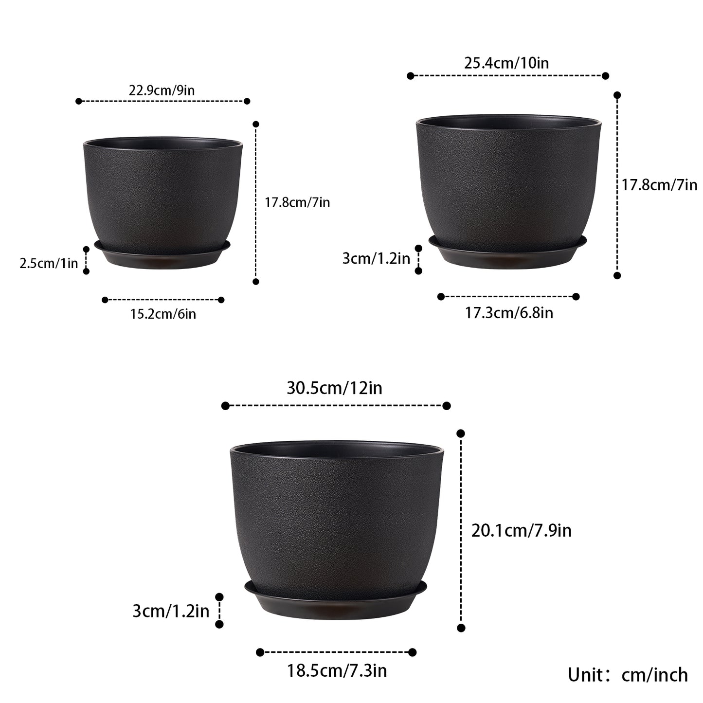 Gardrium Plastic Planter, Plant Pot for Indoor Outdoor, 12/10/9 inch Set of 3, Black