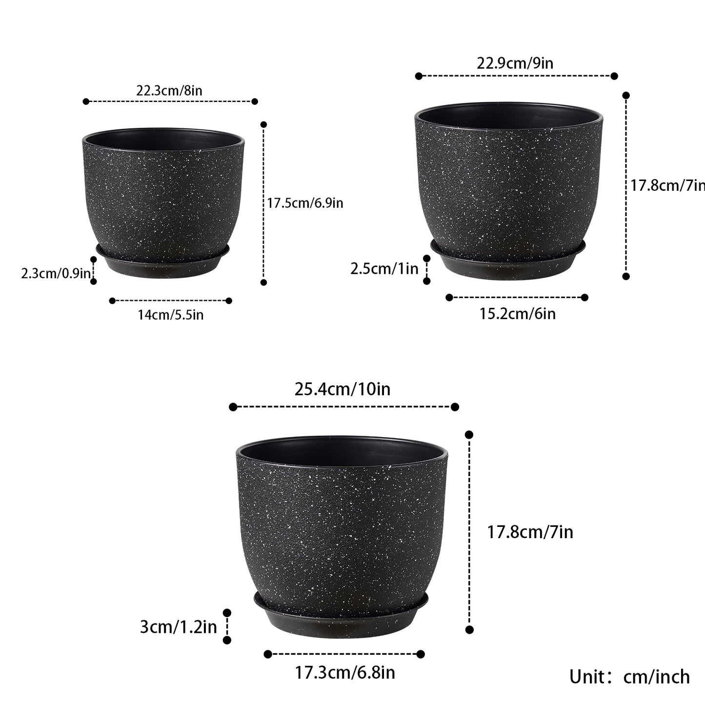 Gardrium Plastic Planter, Plant Pot for Indoor Outdoor, 10 / 9 / 8 inch Set of 3,Speckled Black