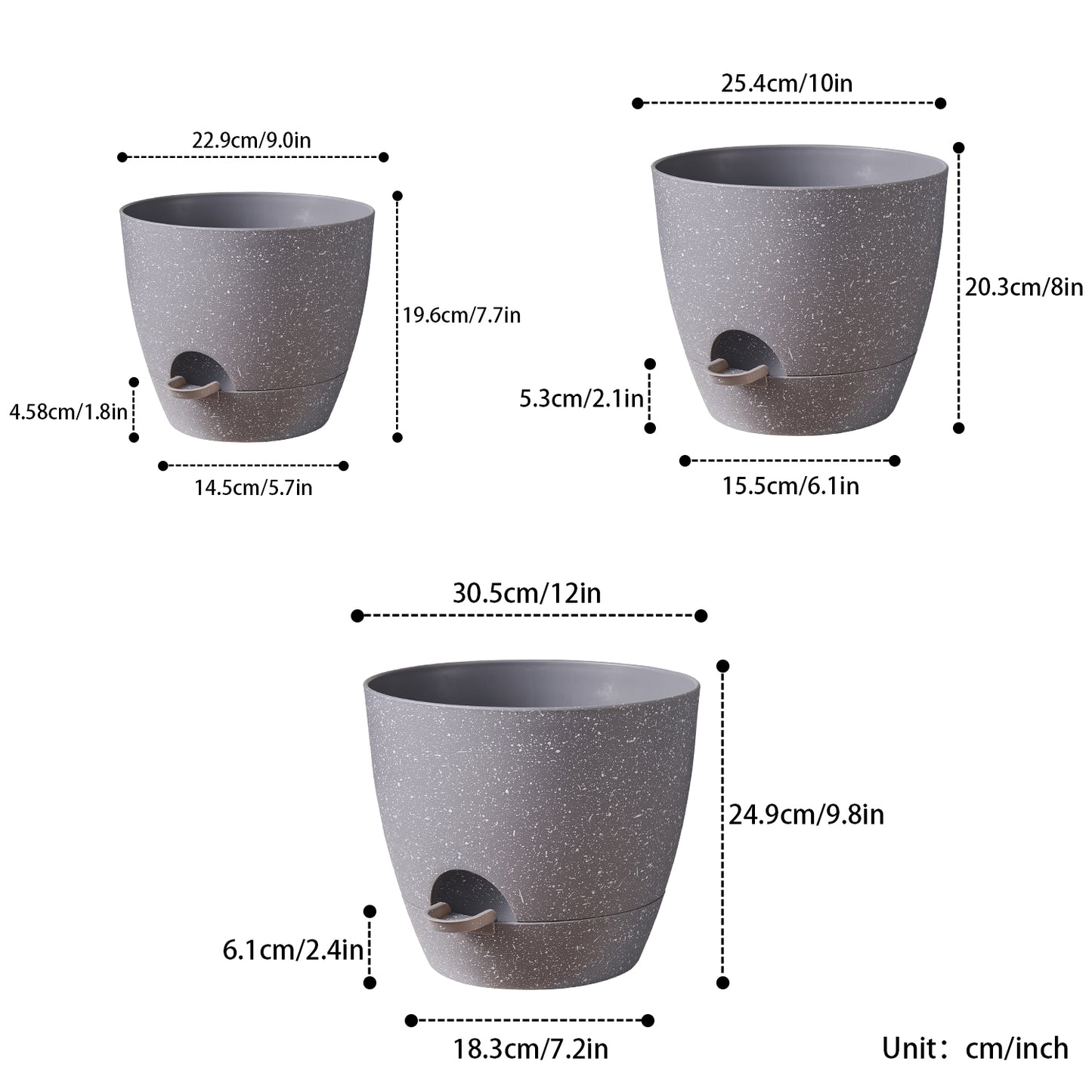 Self-watering Plant Pot, Plastic Planters - Set of three 12 / 10 / 9 Inches, Speckled Gray