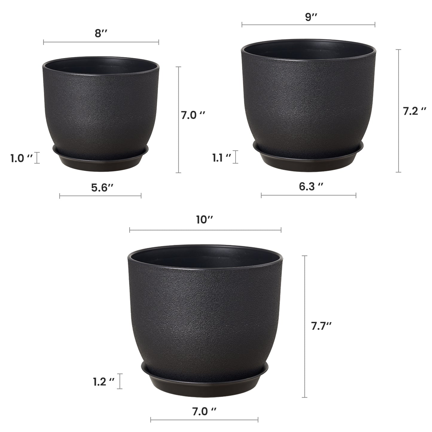 Kunststoff Blumentopf Pflanzentopfs mit Untersetzer (25,4-22,9-20,3 cm) 3er-Set,schwarz