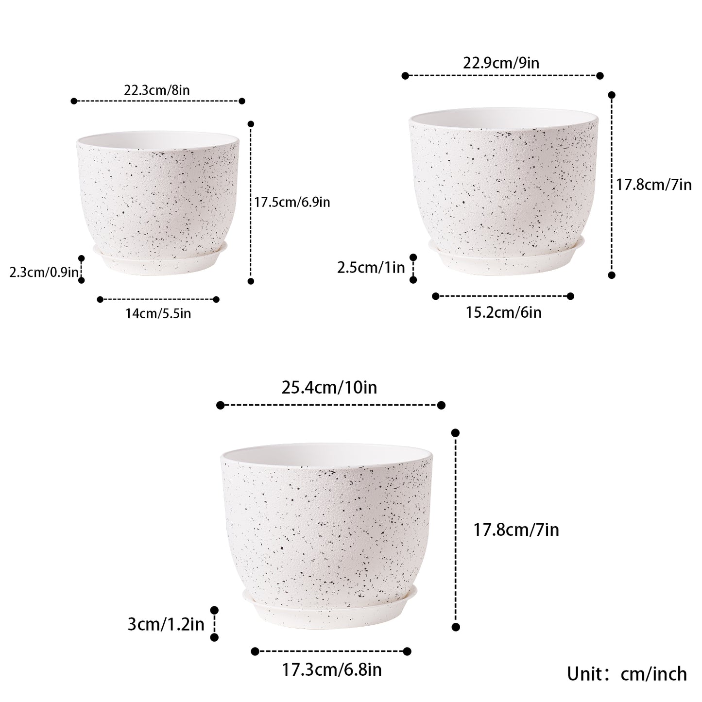 Gardrium Plastic Planter, Plant Pot for Indoor Outdoor, 10/9/8 inch Set of 3, Speckled White