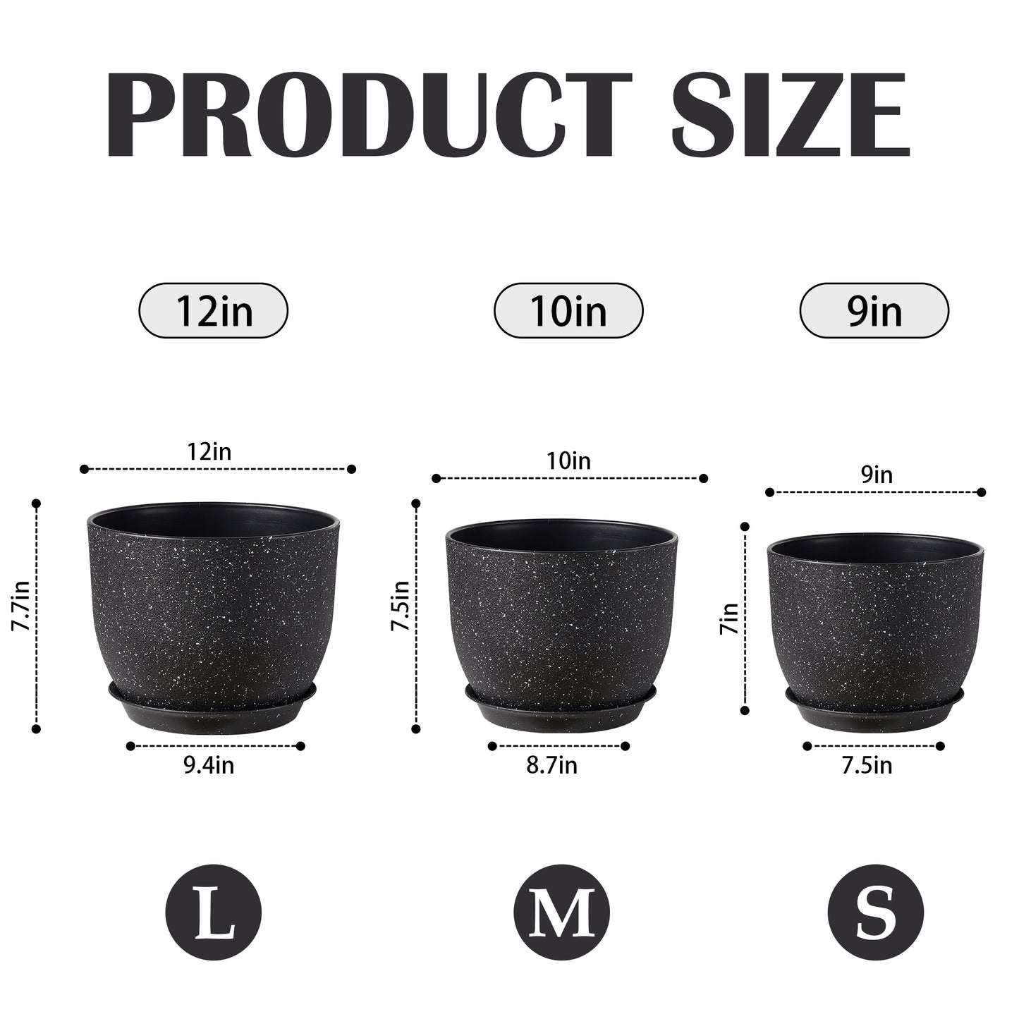 Gardrium Plastic Planter, Plant Pot for Indoor Outdoor, 12 / 10 / 9 inch Set of 3,Speckled Black