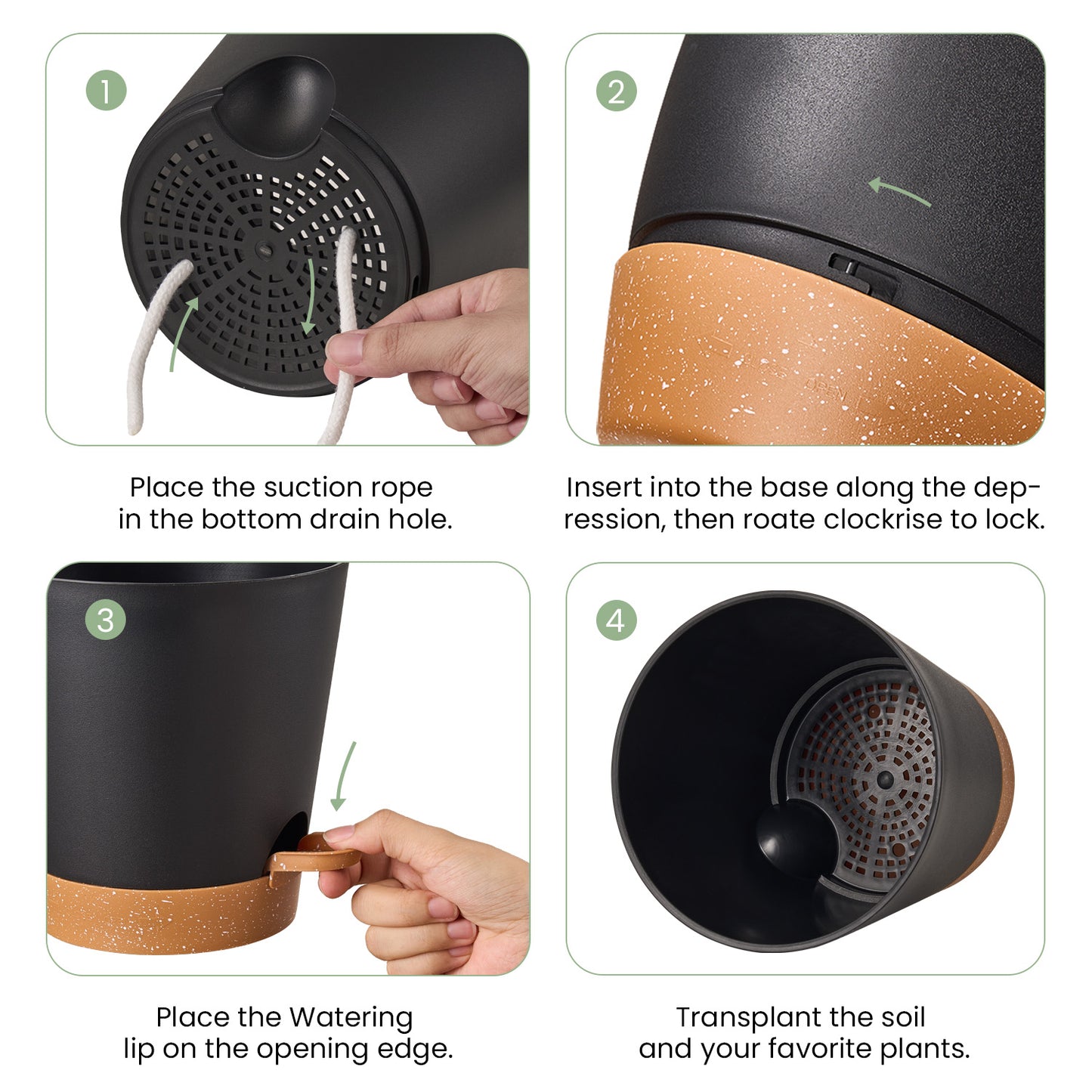 Pflanzentopfs mit Untersetzer (17,8 cm) 3er-Set, Plastik Übertopf Kräutertopf mit Ablauflöchern,Schwarz mit braunem Untersetzer
