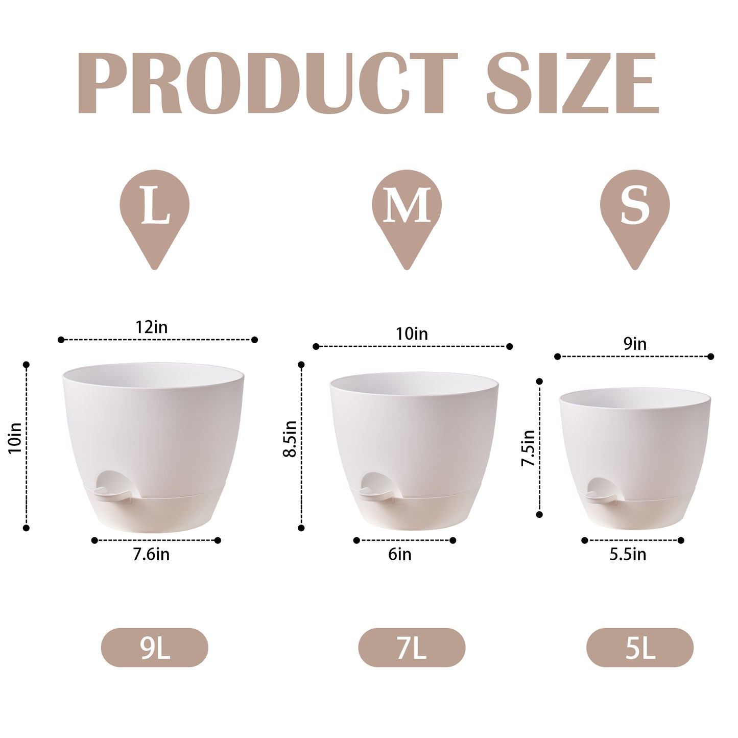 Self-watering Plant Pot, Plastic Planters - Set of three 12 / 10 / 9 inches, Pure White