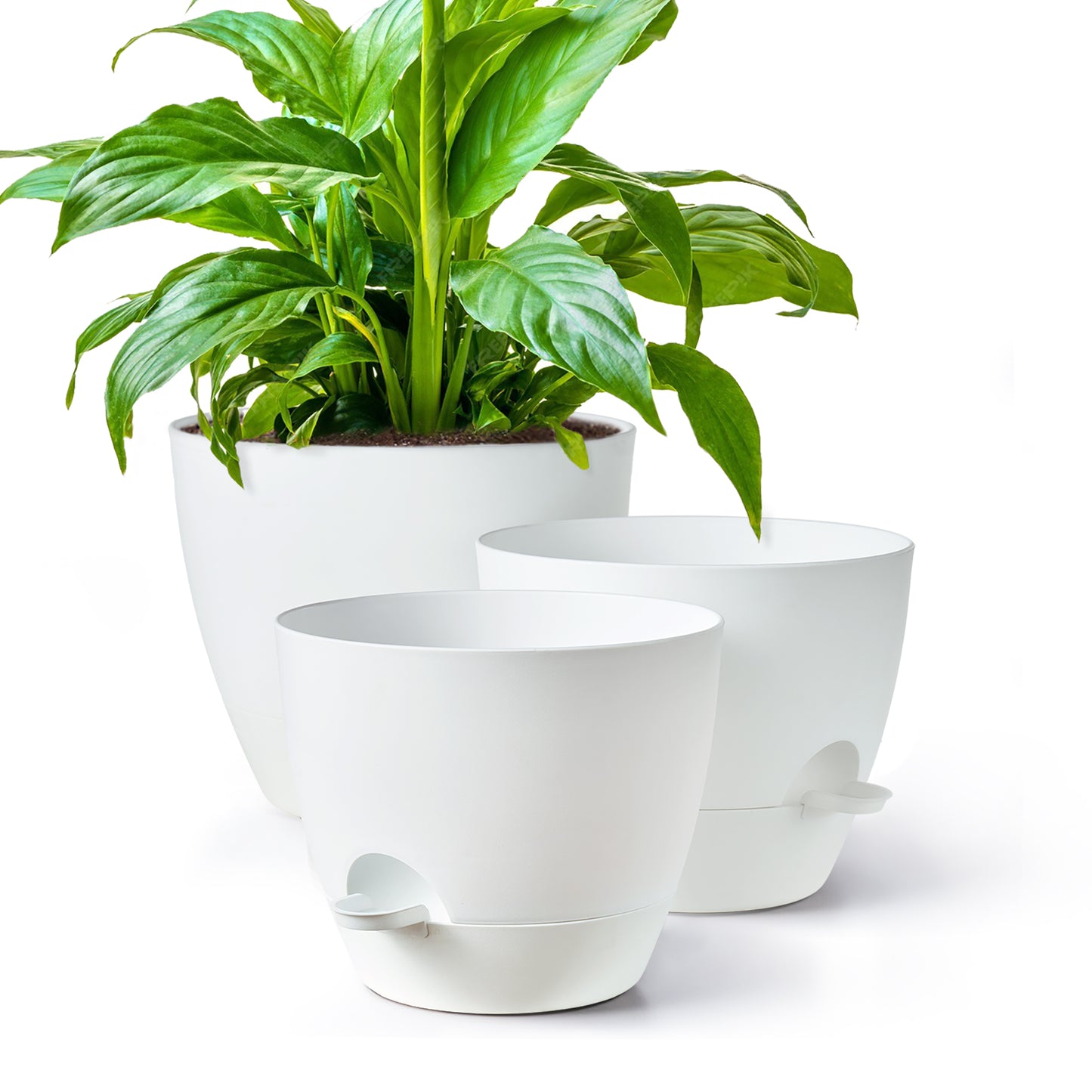 Self-watering Plant Pot, Plastic Planters - Set of three 12 / 10 / 9 inches, Pure White