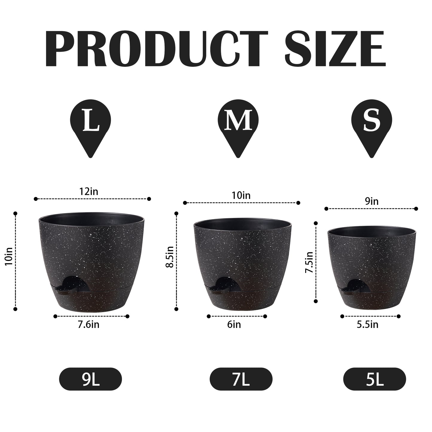 Self-watering Plant Pot, Plastic Planters Set of 3, 12 / 10 / 9 inches, Speckled Black