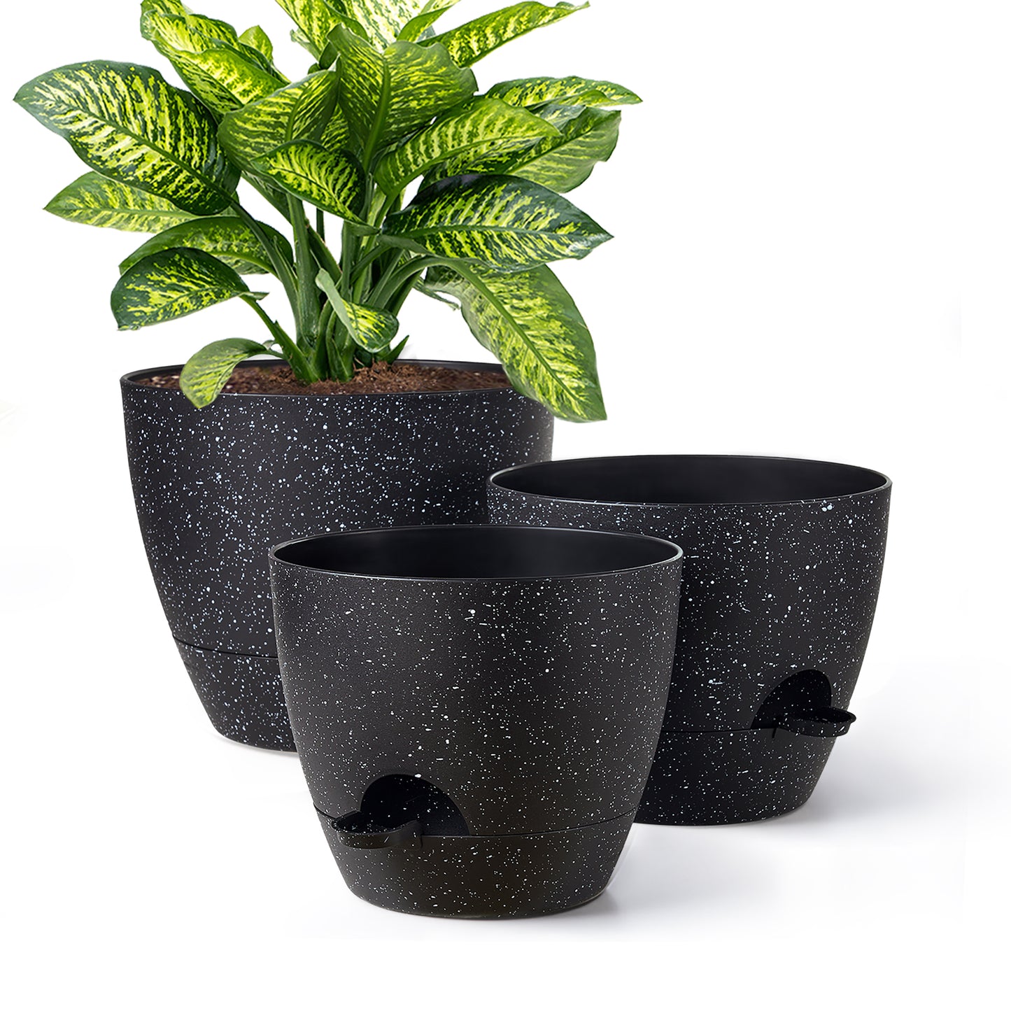 Self-watering Plant Pot, Plastic Planters Set of 3, 12 / 10 / 9 inches, Speckled Black