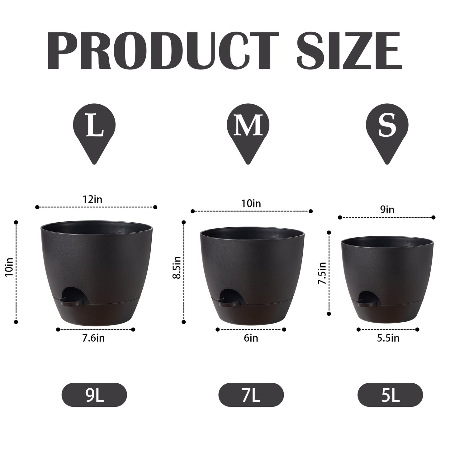 Self-watering Plant Pot, Plastic Planters - Set of three 12 / 10 / 9 Inches, Pure Black