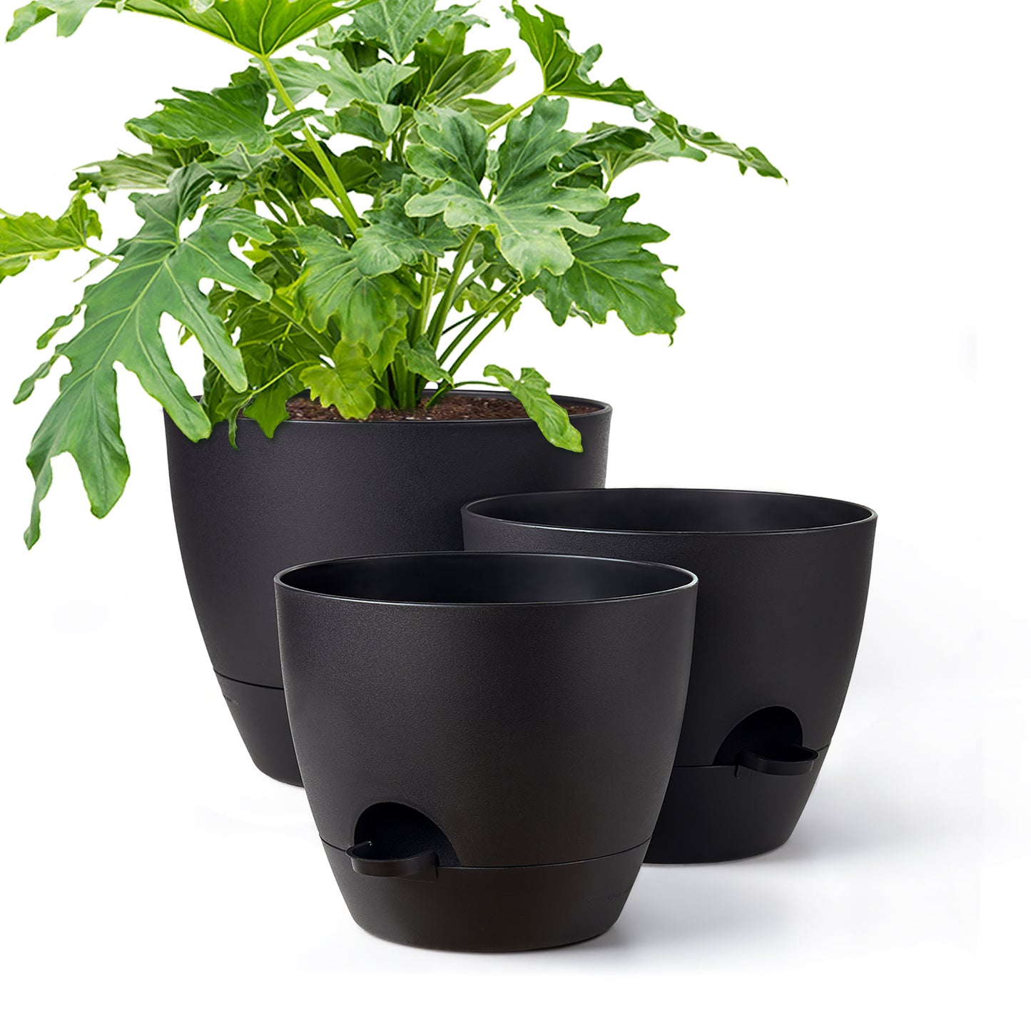 Self-watering Plant Pot, Plastic Planters - Set of three 12 / 10 / 9 Inches, Pure Black