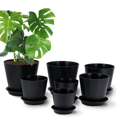 7 Pots de Fleurs en Plastique Plantes, avec Trous de Drainage, Gris moucheté 17,5/16,5/15,3/14 / 13/11,5/10 cm, Noir