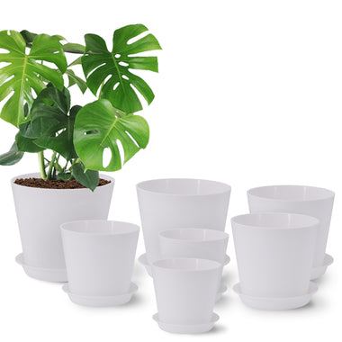 7 Pots de Fleurs en Plastique Plantes, avec Trous de Drainage, Gris moucheté 17,5/16,5/15,3/14 / 13/11,5/10 cm, Blanche