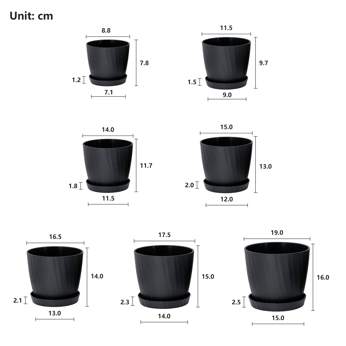 7 Pots de Fleurs en Plastique Plantes, avec Trous de Drainage, Gris moucheté 19/17,5/16,5/15 / 14/11.5/8,8 cm, Noir