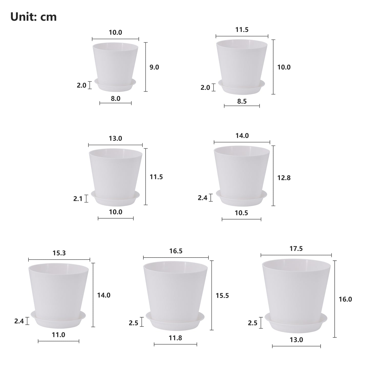 7 Pots de Fleurs en Plastique Plantes, avec Trous de Drainage, Gris moucheté 17,5/16,5/15,3/14 / 13/11,5/10 cm, Blanche