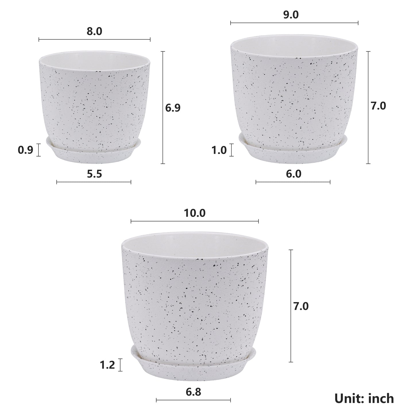Lot de 3 Pots 25,4/22,9/20,3 cm de Fleurs en Plastique Plantes, Blanc moucheté