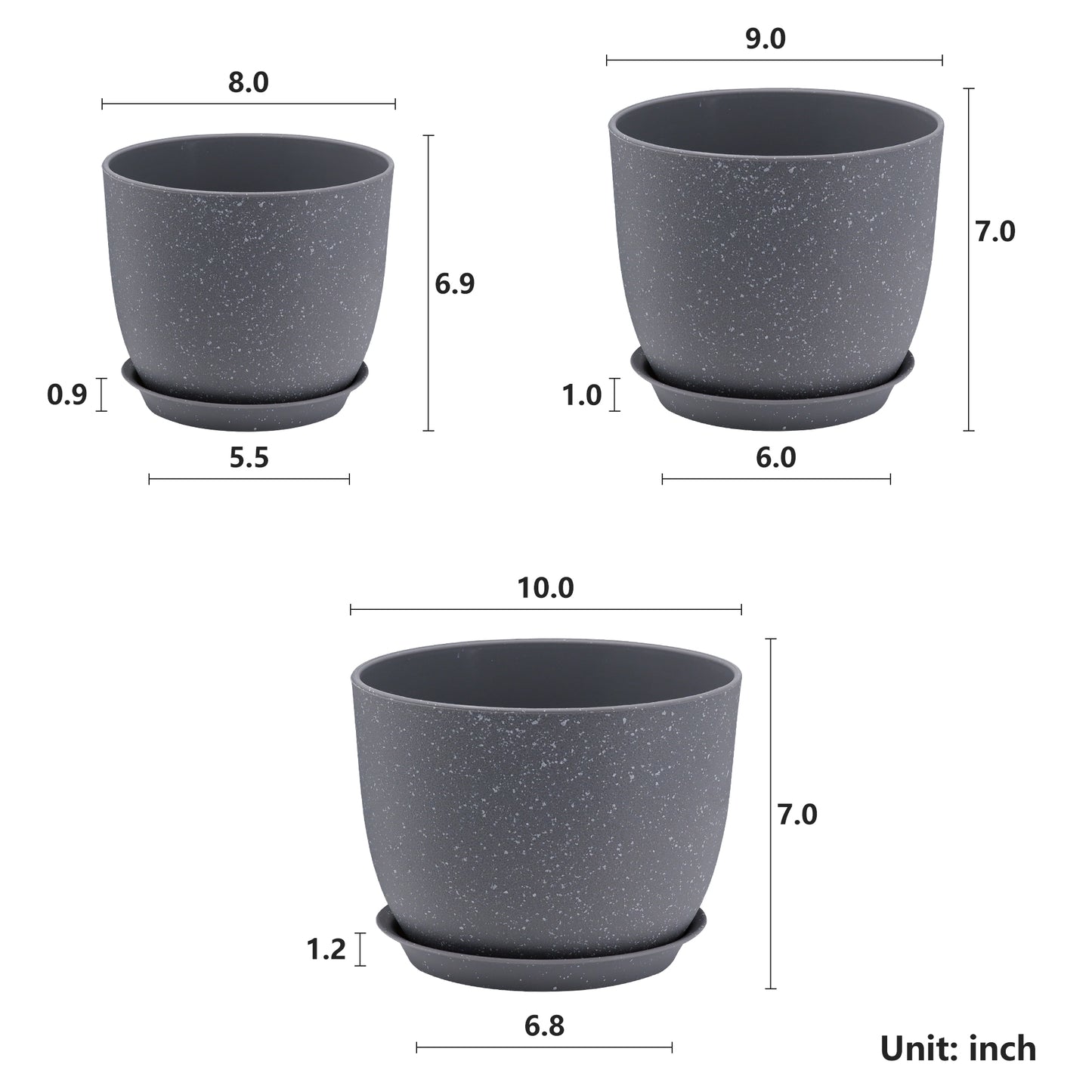 Lot de 3 Pots 25,4/22,9/20,3 cm de Fleurs en Plastique Plantes, Gris moucheté