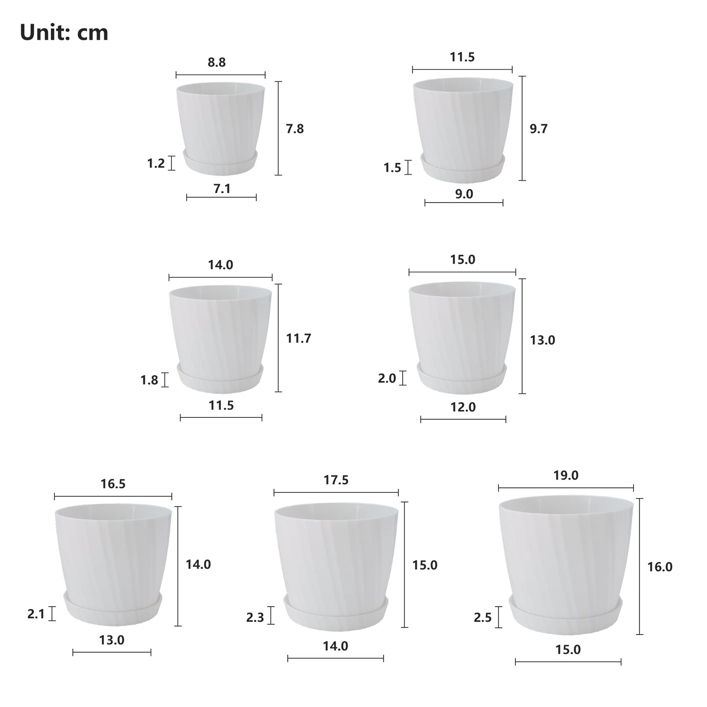 7 Pots de Fleurs en Plastique Plantes, avec Trous de Drainage, Gris moucheté 19/17,5/16,5/15 / 14/11.5/8,8 cm, Blanche