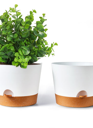 12'' Self watering planter pot set of 2, White & Brown