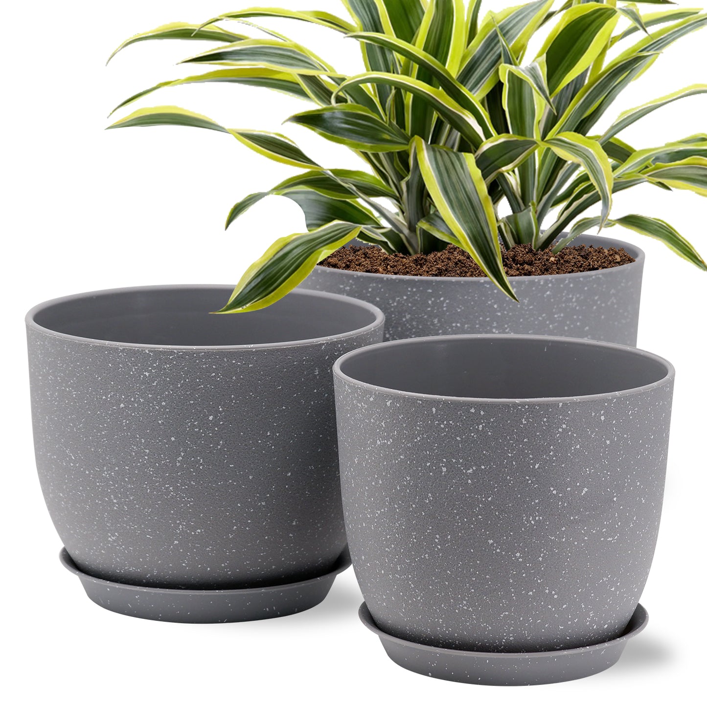 Gardrium Plastic Planter, Plant Pot for Indoor Outdoor, 10 / 9 / 8 inch Set of 3,Speckled Cement Gray