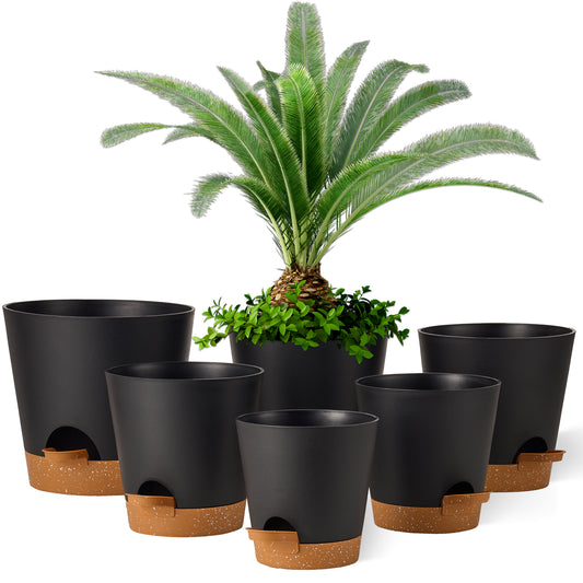 Kunststoff Blumentopf Pflanzentopfs (20,3-17,8-16,5-15,2-14-12,7cm) 6er-Set,Schwarz mit braunem Untersetzer