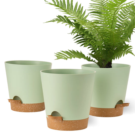 Pflanzentopfs mit Untersetzer (17,8 cm) 3er-Set, Plastik Übertopf Kräutertopf mit Ablauflöchern,Grün mit braunem Untersetzer