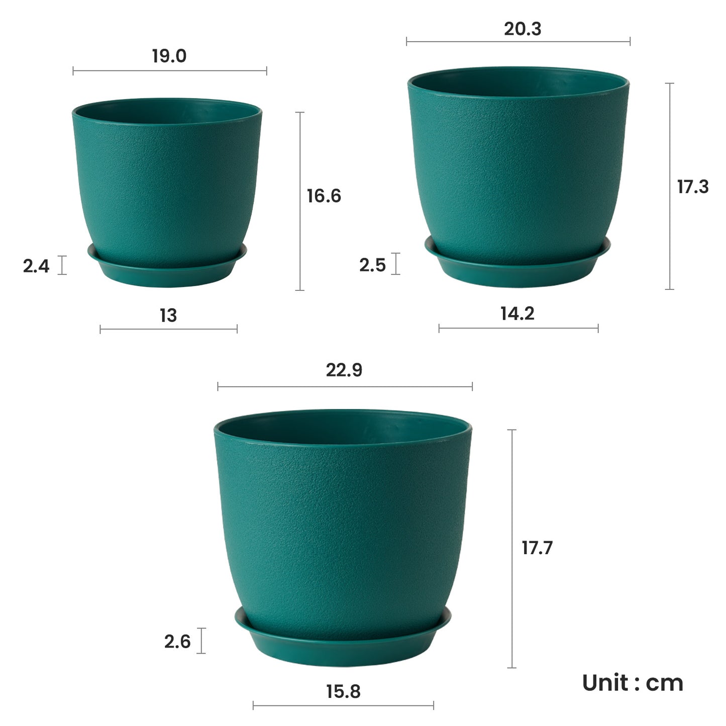 Kunststoff Blumentopf Pflanzentopfs mit Untersetzer (22,9-20,3-19 cm) 3er-Set,Blau