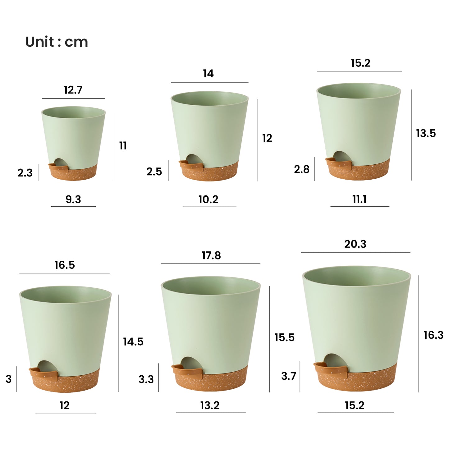 Kunststoff Blumentopf Pflanzentopfs (20,3-17,8-16,5-15,2-14-12,7cm) 6er-Set,Grün mit braunem Untersetzer