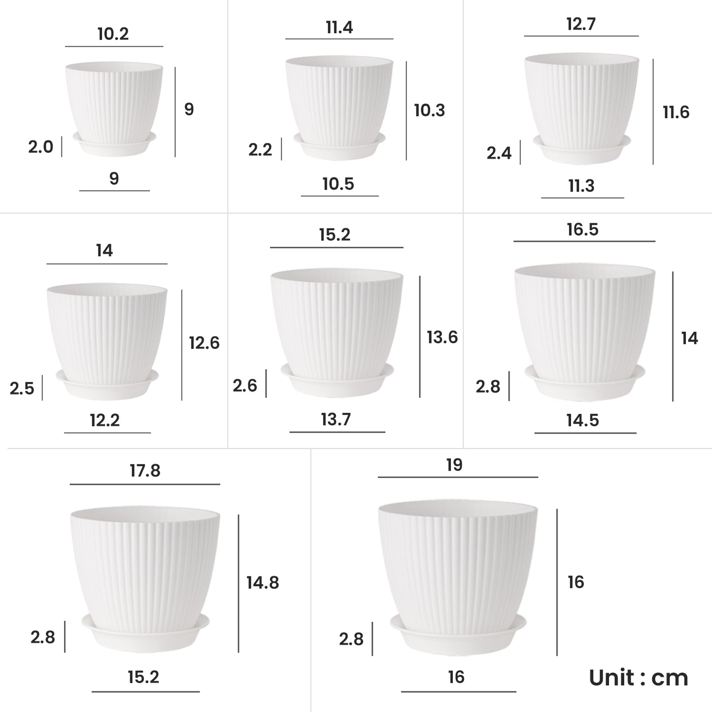 Kunststoff Blumentopf Pflanzentopfs (19-17,8-16,5-15,2-14-12,7-11,4-10.2 cm) 8er-Set, weiß