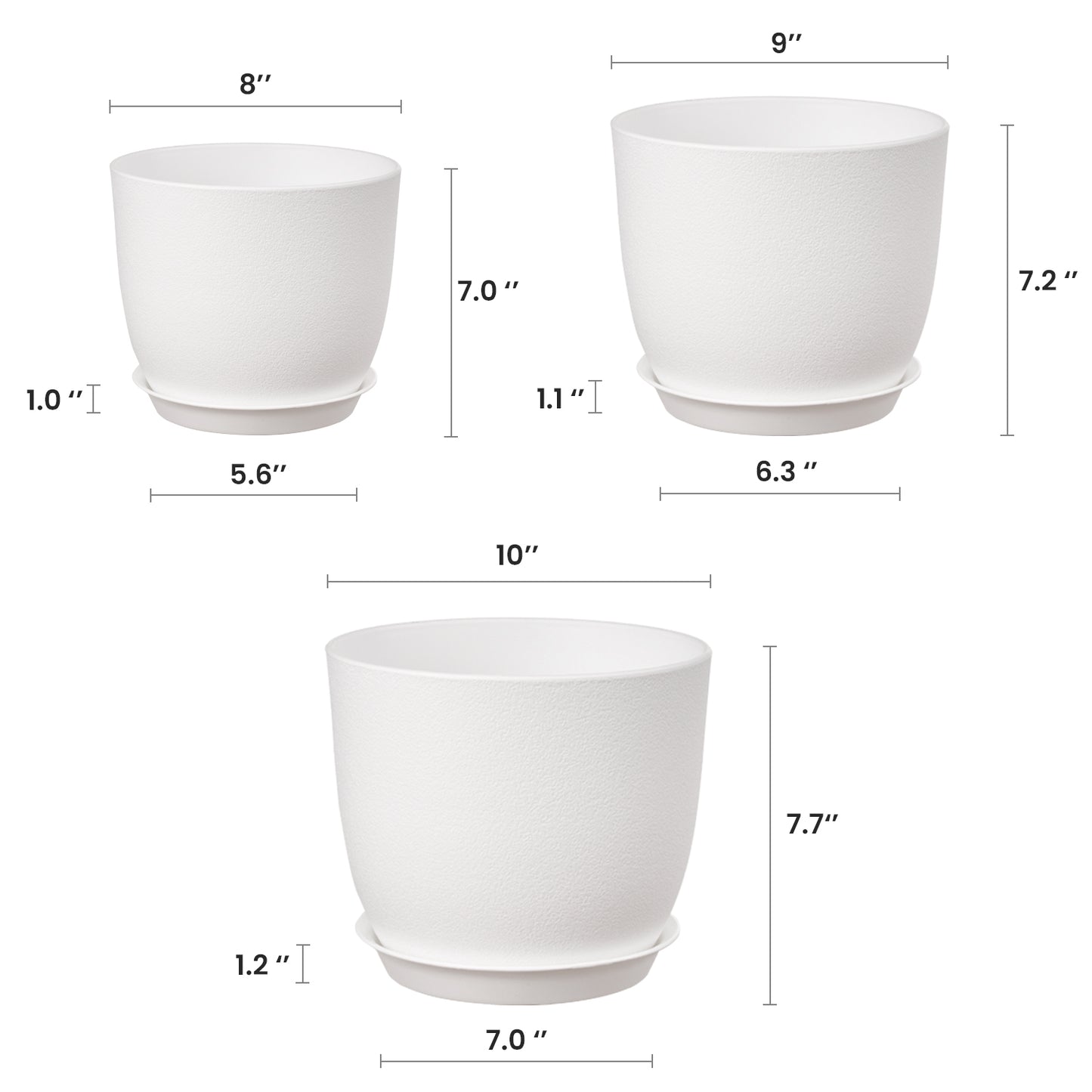 Kunststoff Blumentopf Pflanzentopfs mit Untersetzer (25,4-22,9-20,3 cm) 3er-Set,weiß