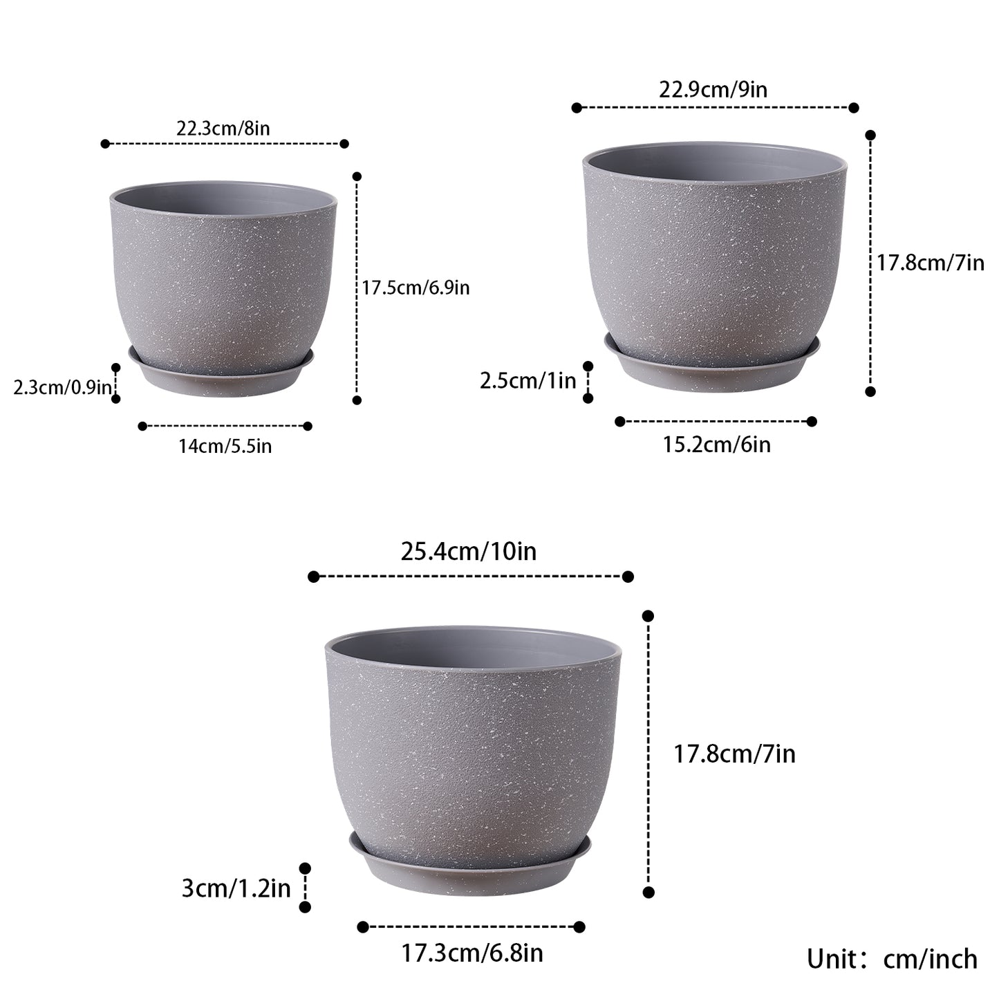 Gardrium Plastic Planter, Plant Pot for Indoor Outdoor, 10 / 9 / 8 inch Set of 3,Speckled Cement Gray