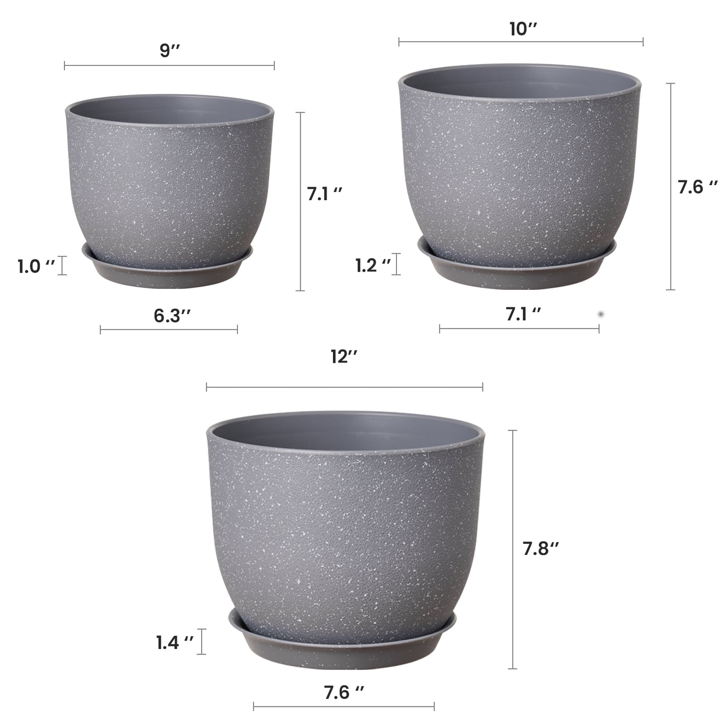 Lot de 3 Pots 30,5/25,4/22,9 cm de Fleurs en Plastique Plantes,Gris moucheté