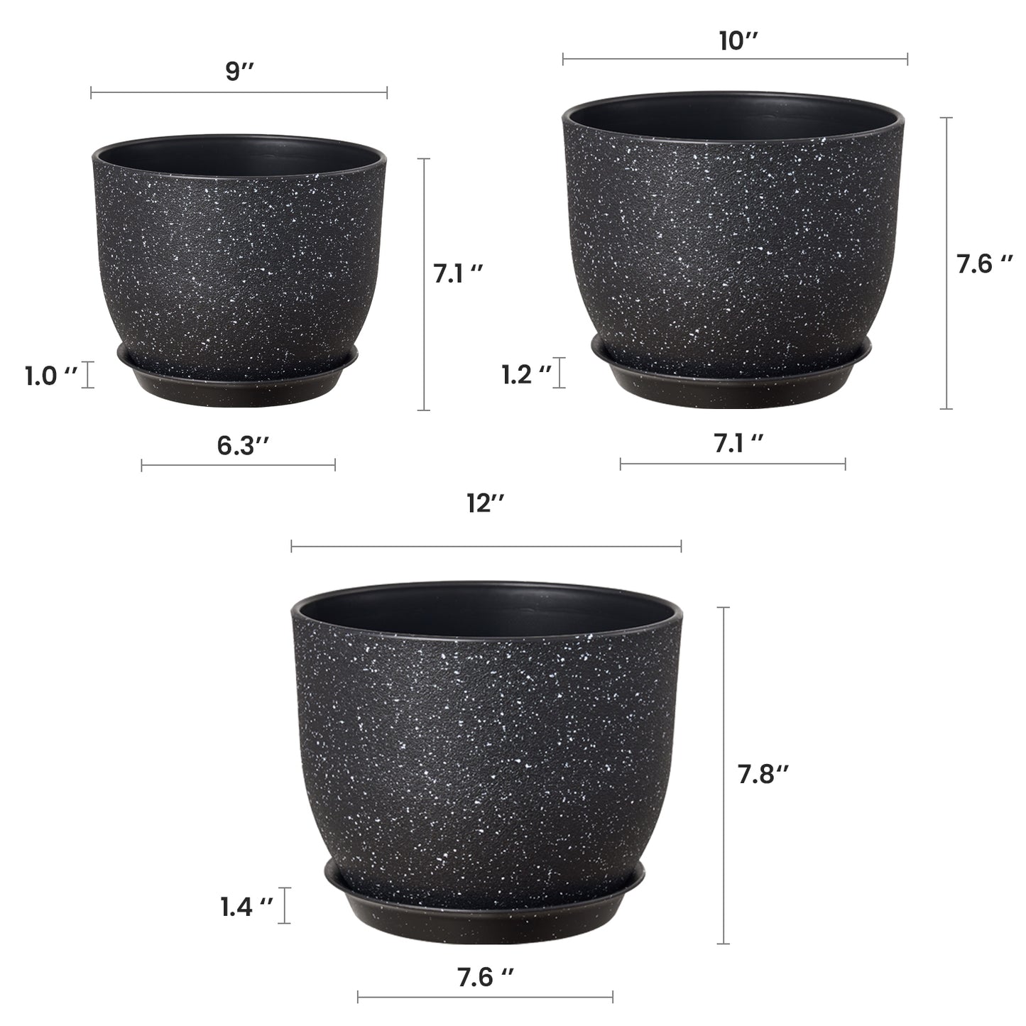 Lot de 3 Pots 30,5/25,4/22,9 cm de Fleurs en Plastique Plantes,Noir moucheté