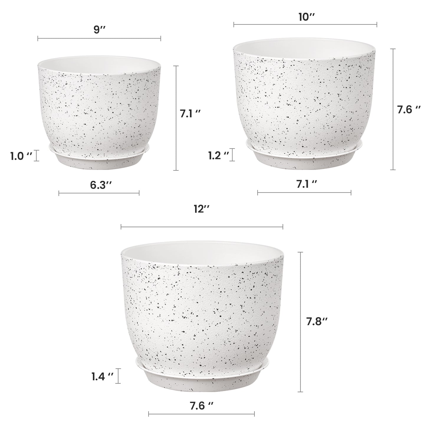 Lot de 3 Pots 30,5/25,4/22,9 cm de Fleurs en Plastique Plantes,Blanc moucheté