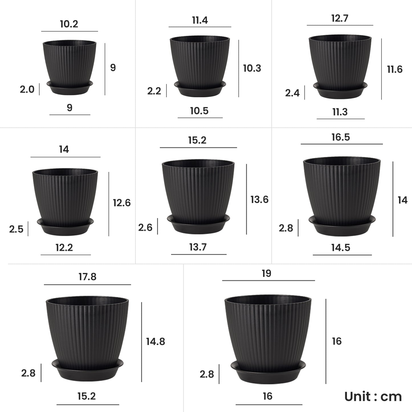 Kunststoff Blumentopf Pflanzentopfs (19-17,8-16,5-15,2-14-12,7-11,4-10.2 cm) 8er-Set, Schwarz