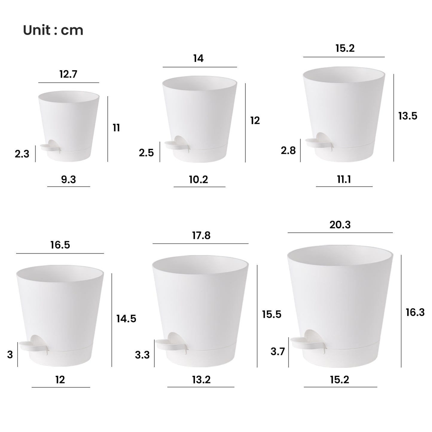 Kunststoff Blumentopf Pflanzentopfs (20,3-17,8-16,5-15,2-14-12,7cm) 6er-Set,weiß