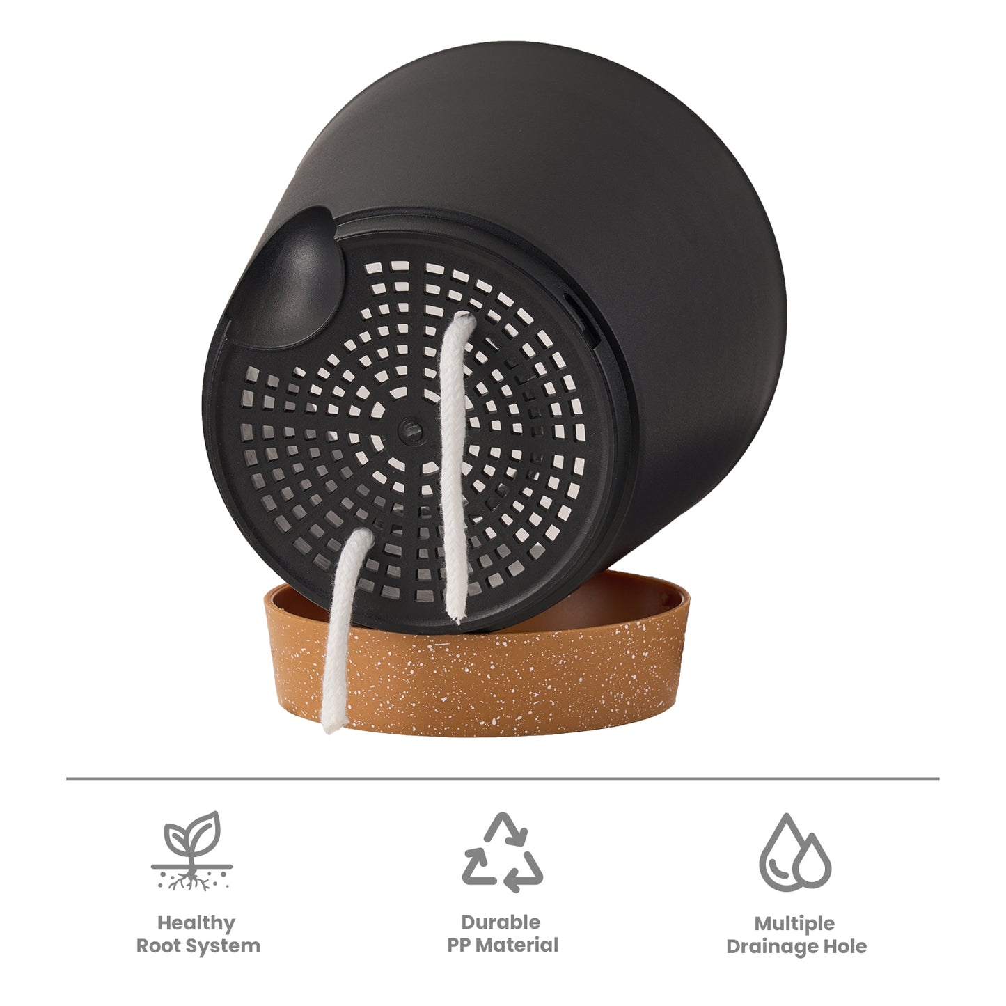 Kunststoff Blumentopf Pflanzentopfs (20,3-17,8-16,5-15,2-14-12,7cm) 6er-Set,Schwarz mit braunem Untersetzer