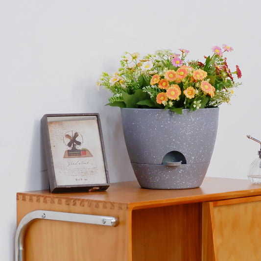 Self-watering Plant Pot, Plastic Planters - Set of three 12 / 10 / 9 Inches, Speckled Gray