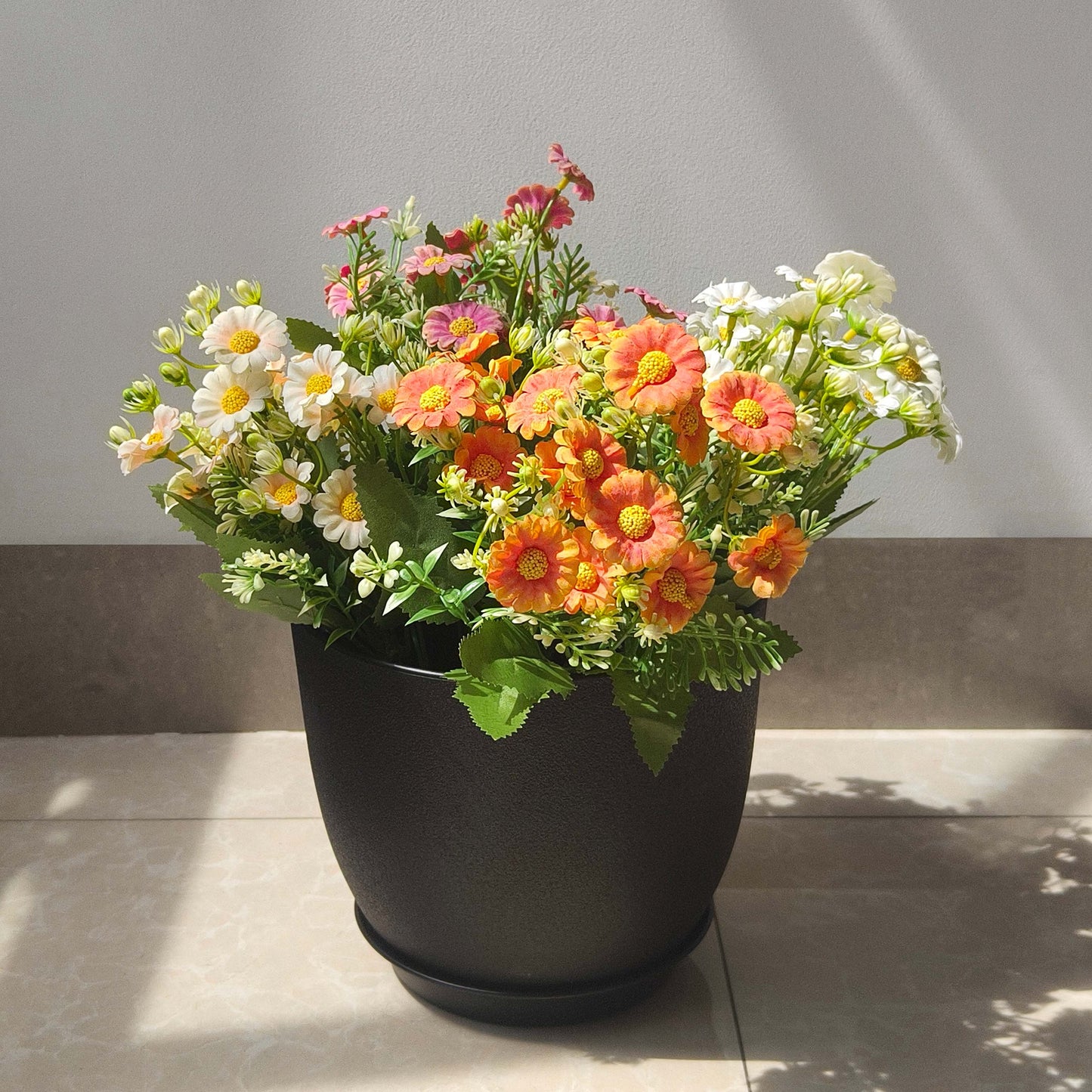 Kunststoff Blumentopf Pflanzentopfs mit Untersetzer (22,9-20,3-19 cm) 3er-Set,Schwarz